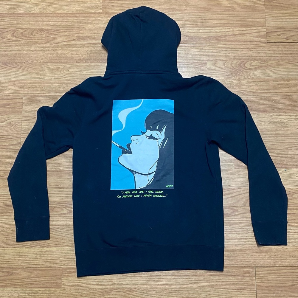 HUF Black Zip Up Sweater with Blue Graphic